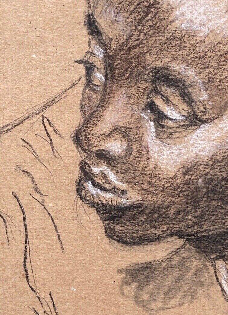 Old painting portrait of black boy in charcoal wooden frame signed RD 96