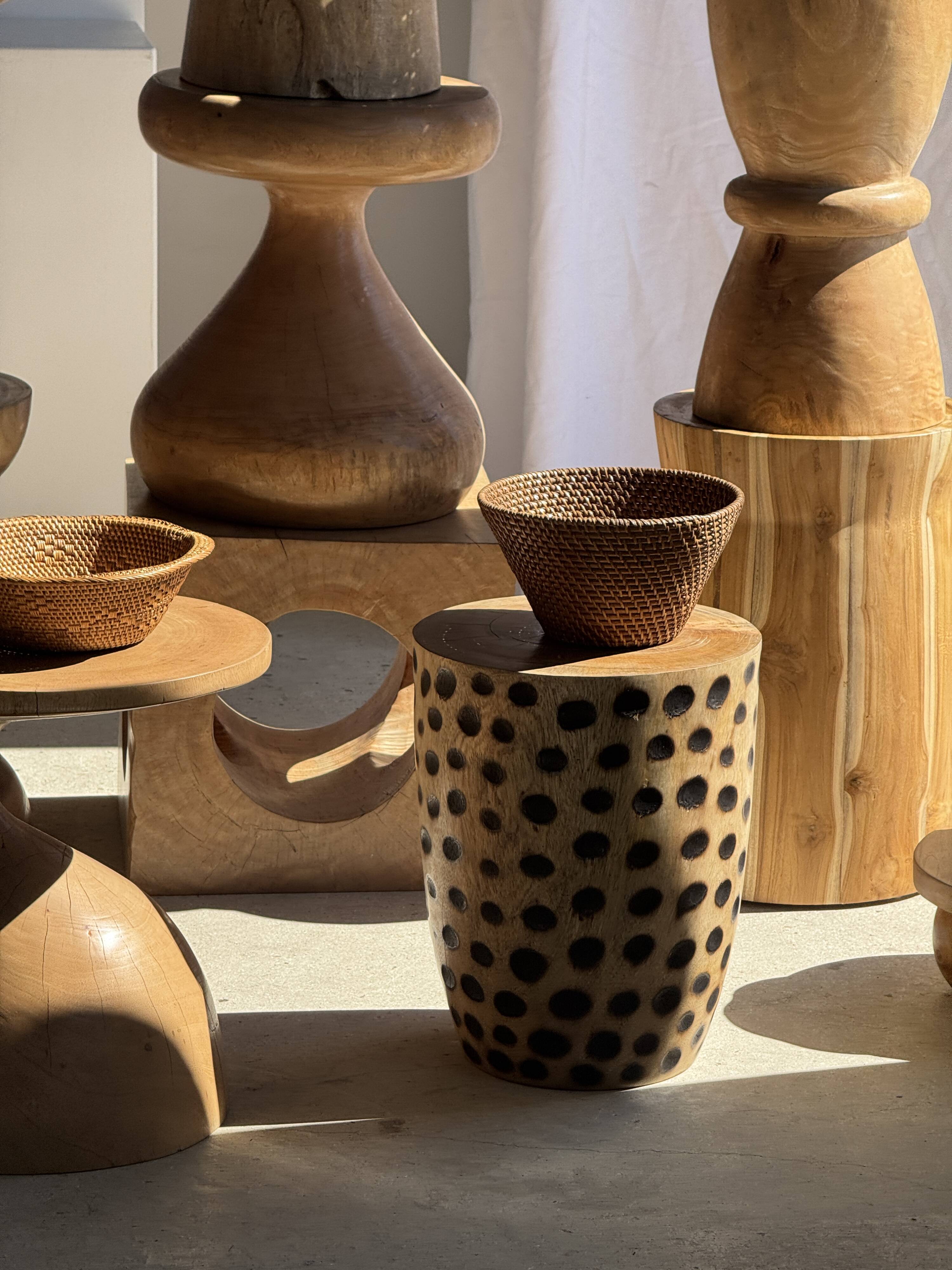 Stool, side table, cylindrical solid mango wood end table.