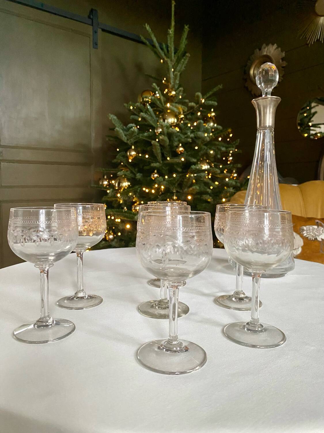 Set of 7 old etched glass stemware