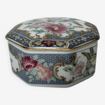 Octagonal porcelain candy box flowers and hummingbird 20th century