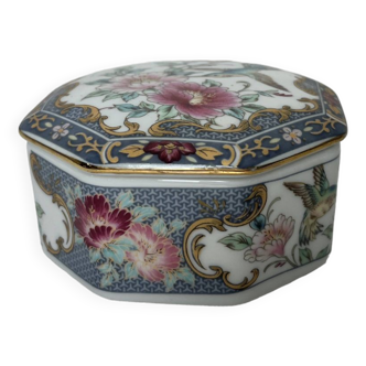 Octagonal porcelain candy box flowers and hummingbird 20th century