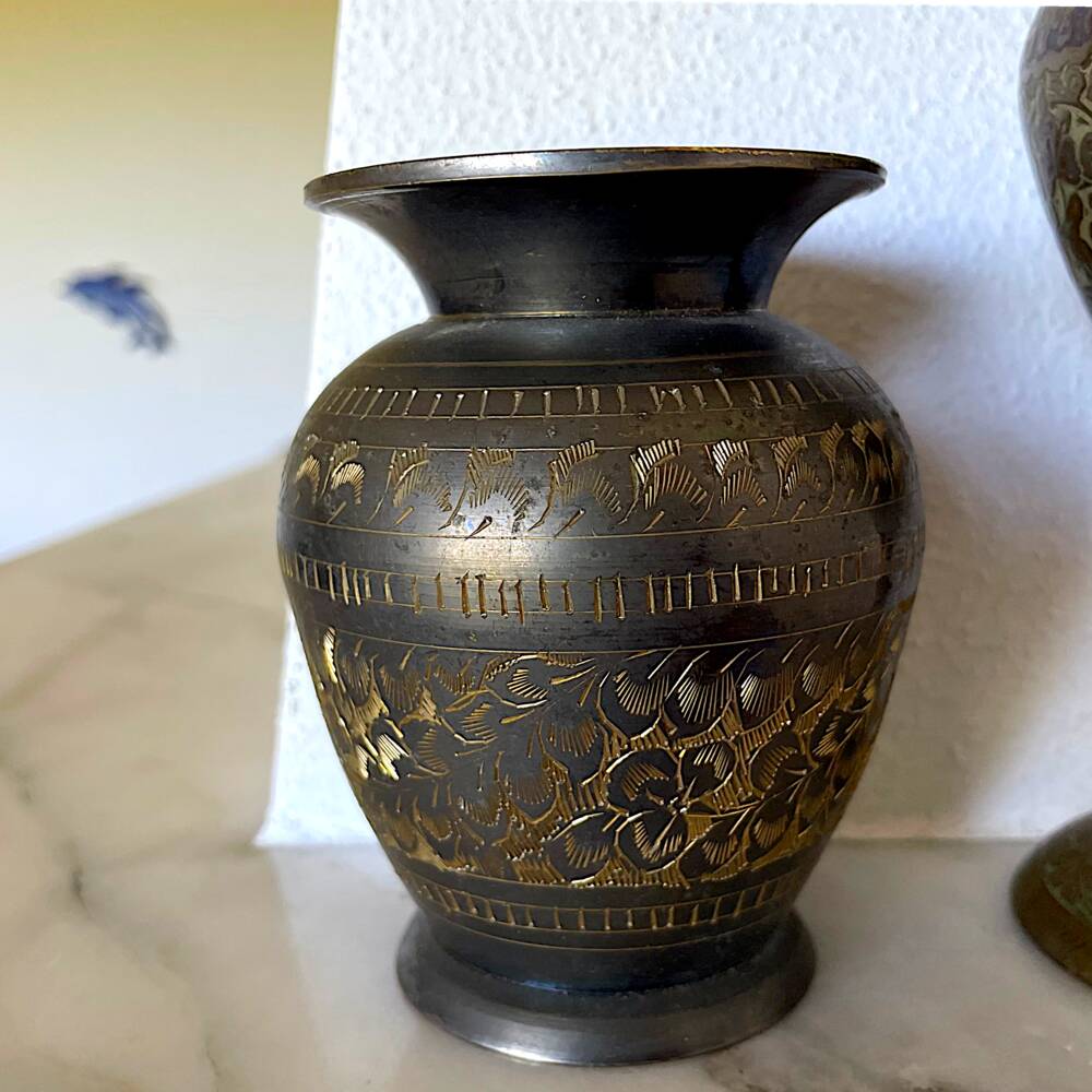 Pair vintage Oriental etched brass vases