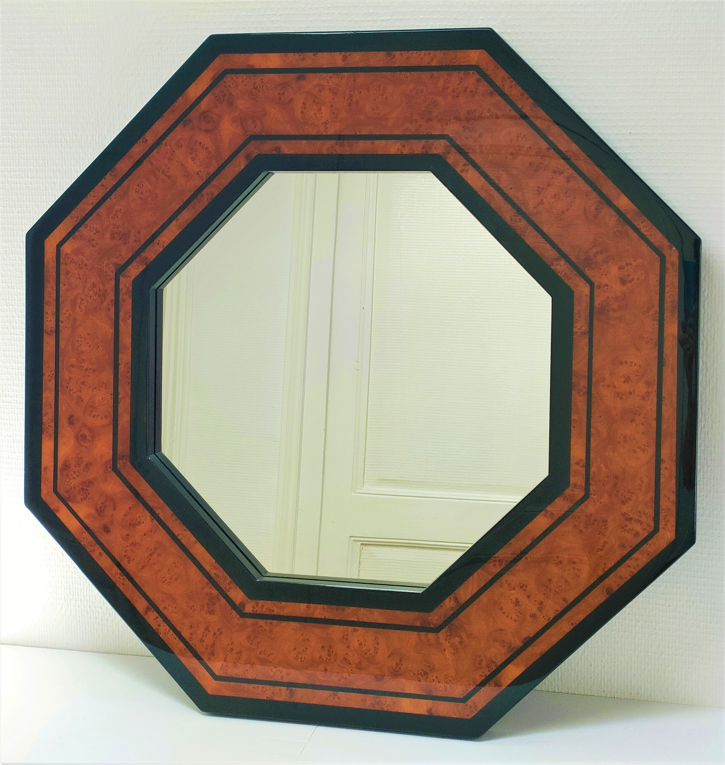 Octagonal wooden mirror by Jean-Claude Mahey