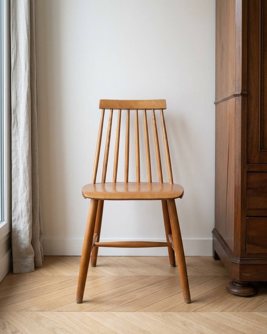 Set of 3 vintage Scandinavian and bistro wooden chairs.
