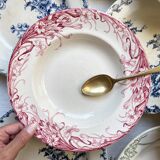 10 mismatched vintage soup plates in blue, green, and red ironstone