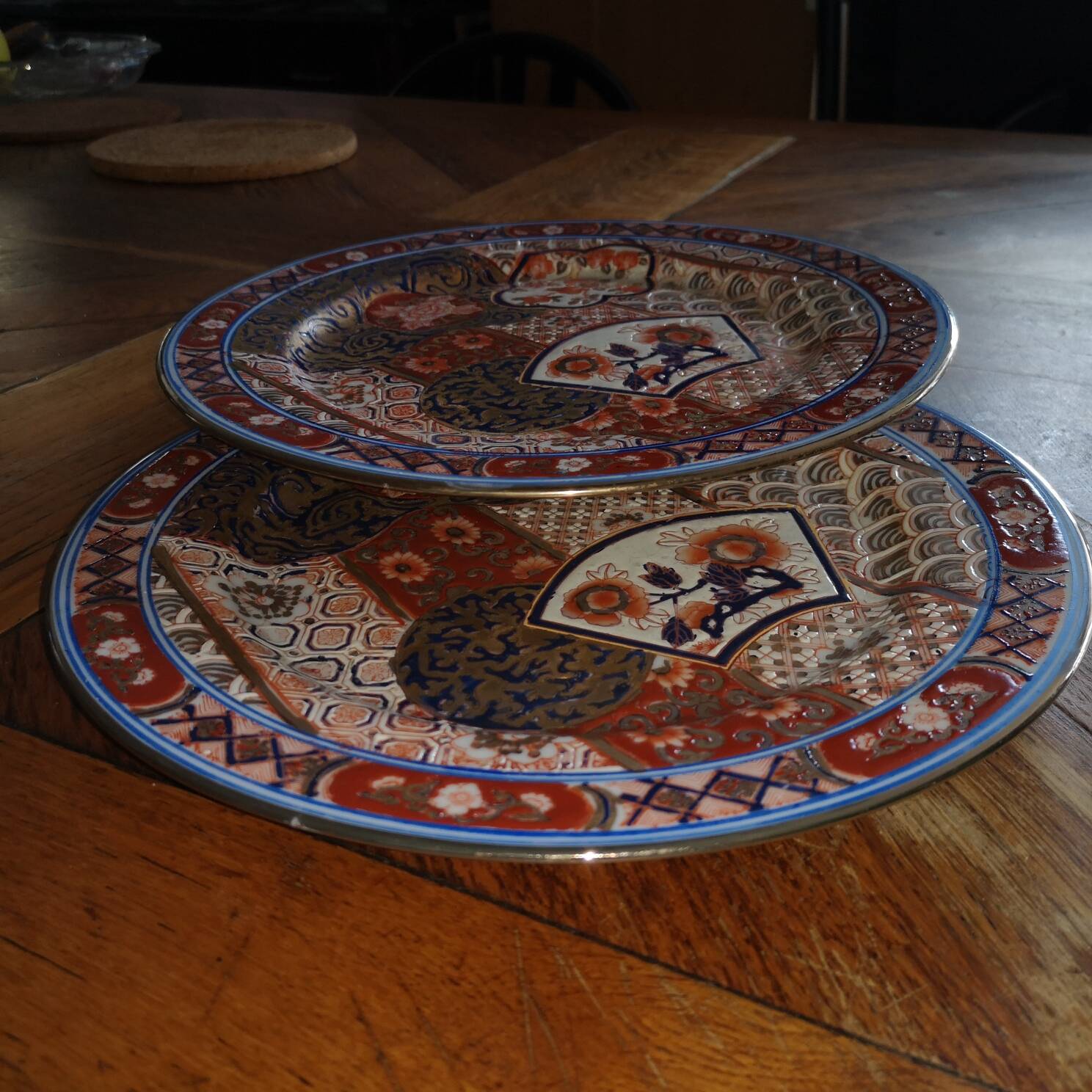 large Chinese imari plate or shallow bowl with flower and fan designs