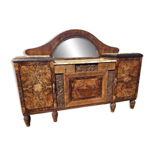 Buffet époque Art Nouveau en noyer, miroir et marbre - 1920