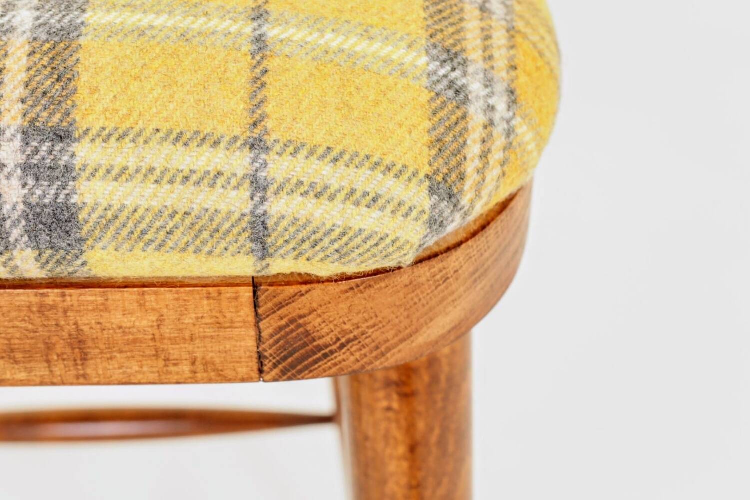 Set of three bar stools in vintage style rustic wood wool upholstery