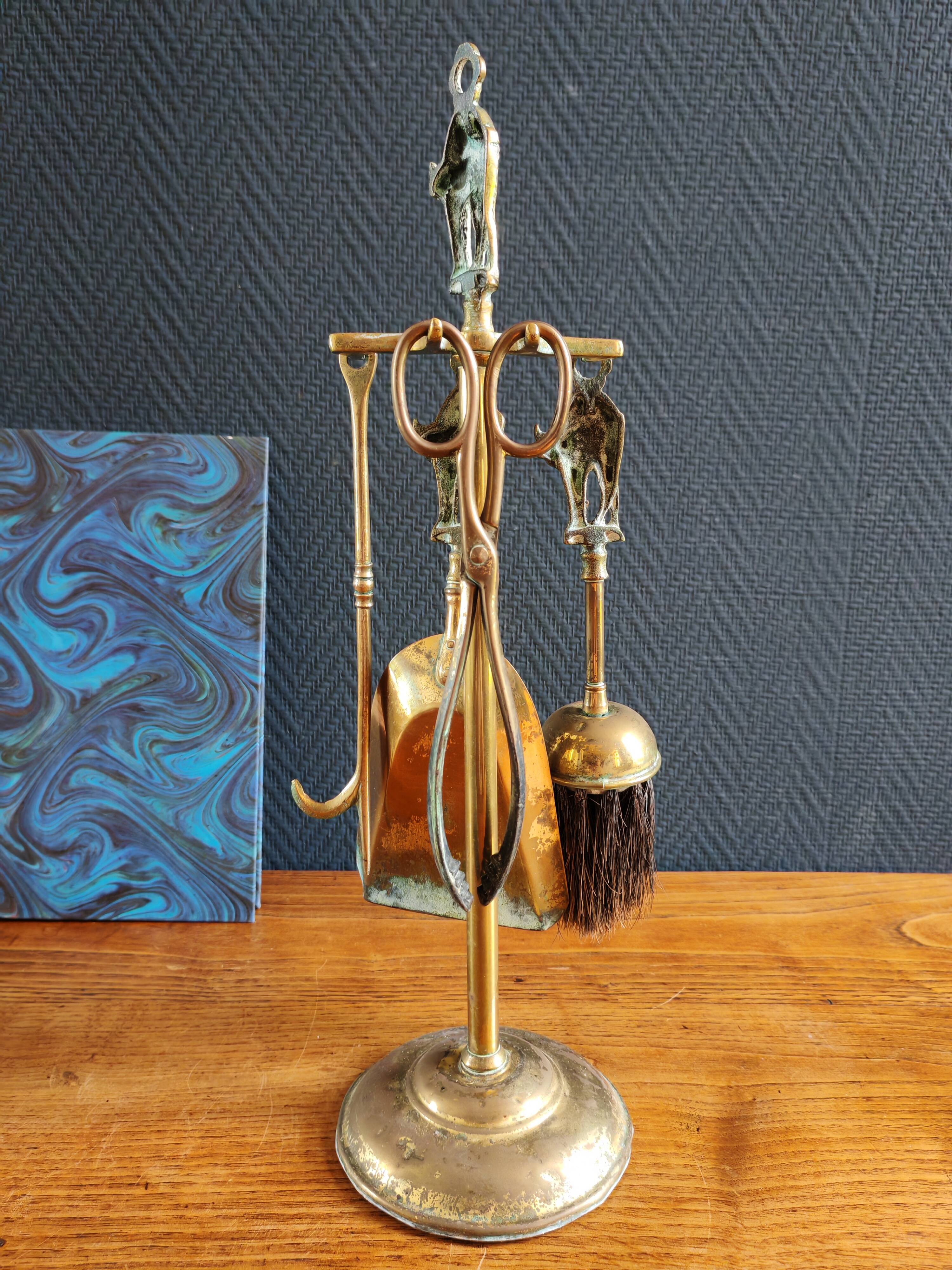 Vintage Brass Fireplace Tools Cat Decor