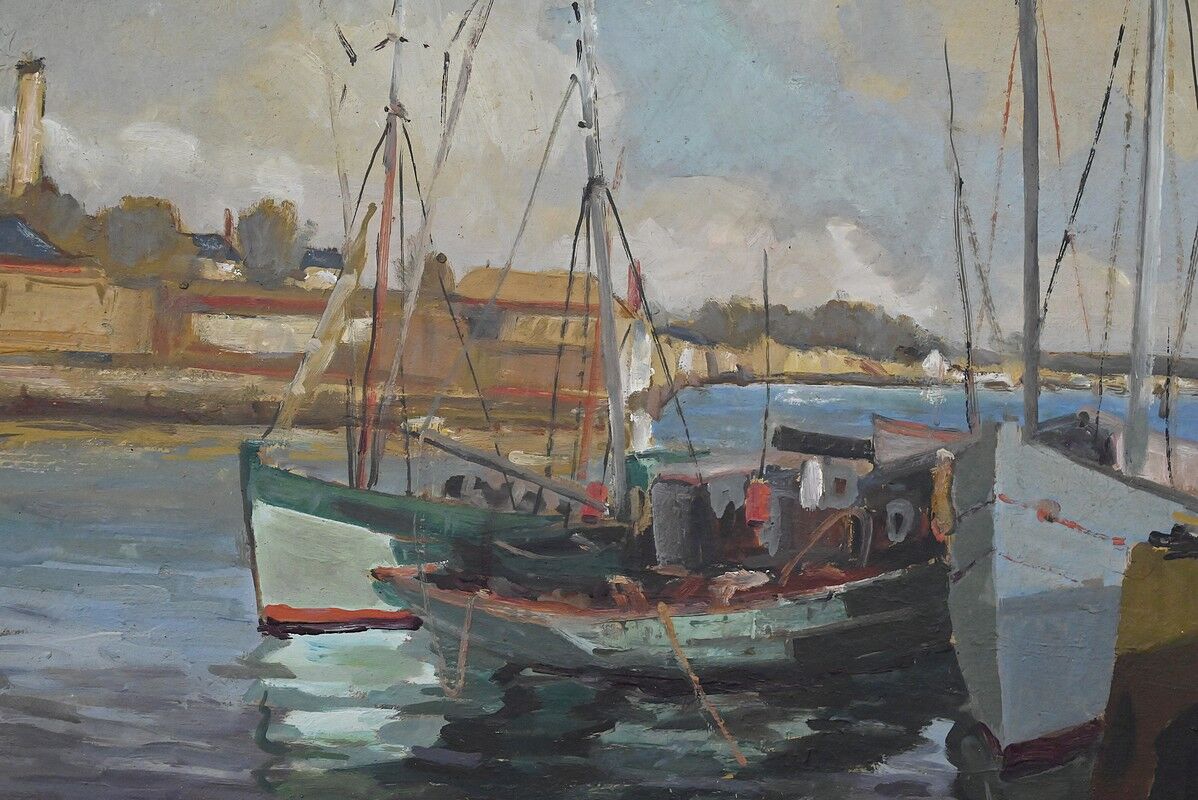 Painting "Thoniers at Dock", oil on panel, signed G. Boulard – Mid 20th century