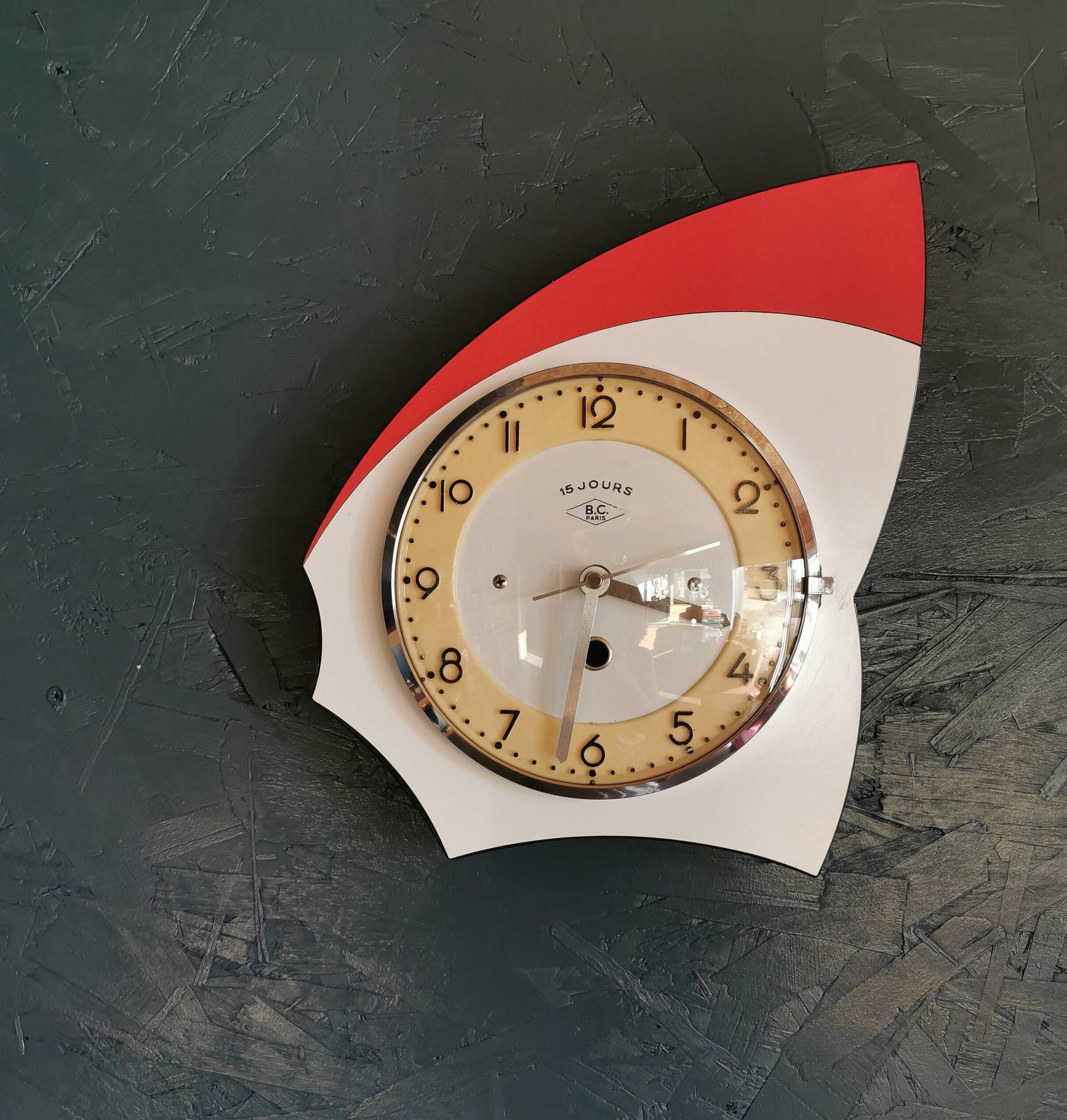 Vintage formica clock silent asymmetrical wall pendulum "BC Paris white red"