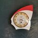 Vintage formica clock silent asymmetrical wall pendulum "BC Paris white red"