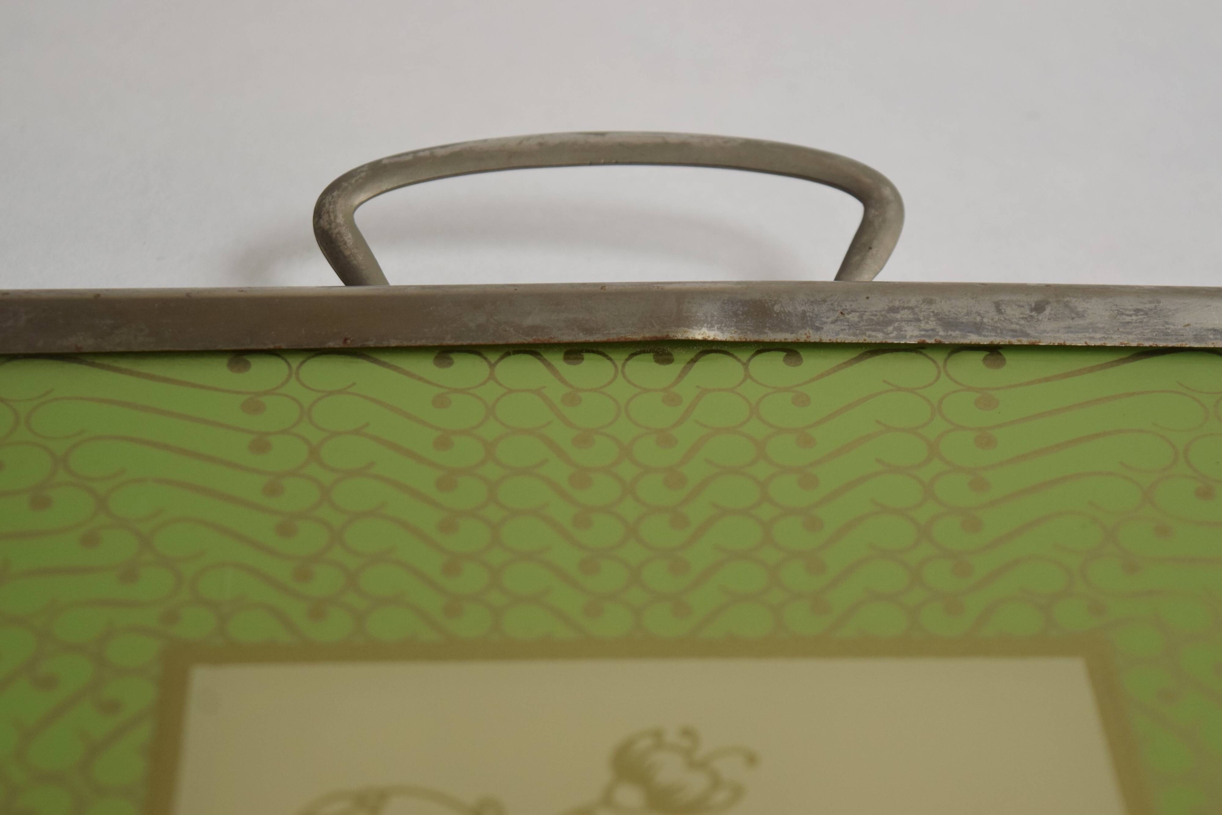 Old glass and metal serving tray - hand-painted floral decoration