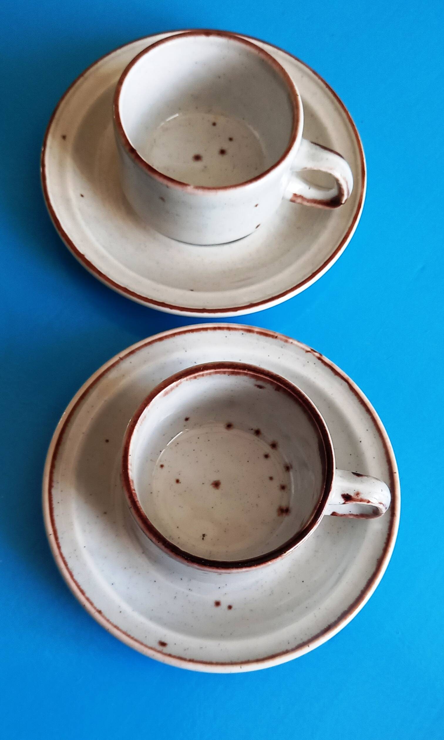 2 enameled stoneware espresso cups and saucers - France, 70s/80s