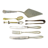 Sugar tongs, ice cubes, pie shovel, spoon, 3 covers Solingen