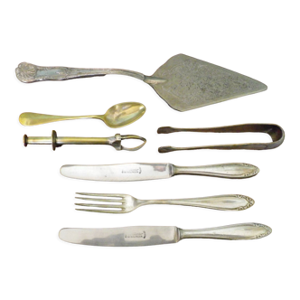 Sugar tongs, ice cubes, pie shovel, spoon, 3 covers Solingen