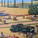 Displays school vintage harvest and the river in summer