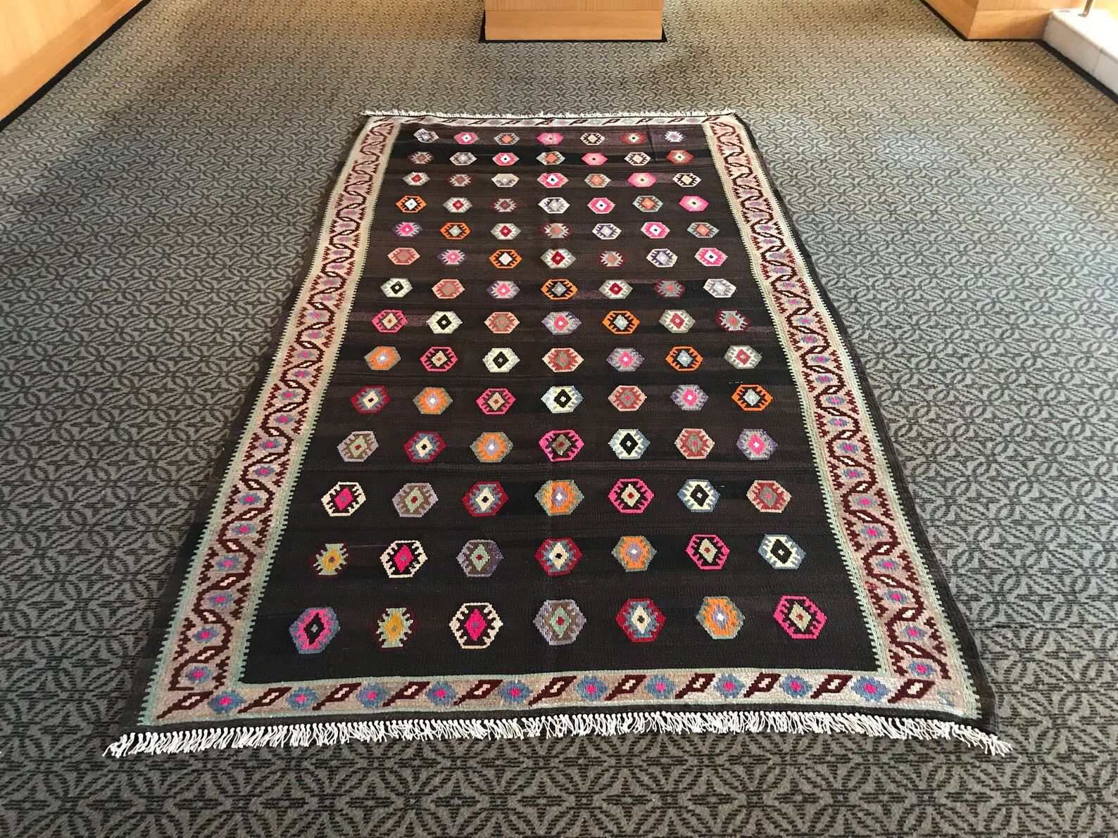 Old black anatolian oushak kilim rug with colorful patterns 305 X 173 cm