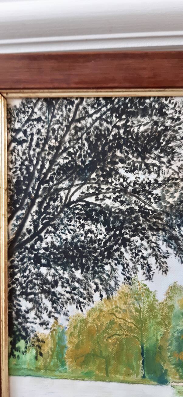 Painting / oil landscape river signed vintage 30x37.5