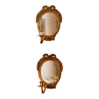 Pair of Swedish brass sconces with mirror