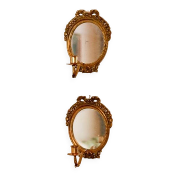 Pair of Swedish brass sconces with mirror