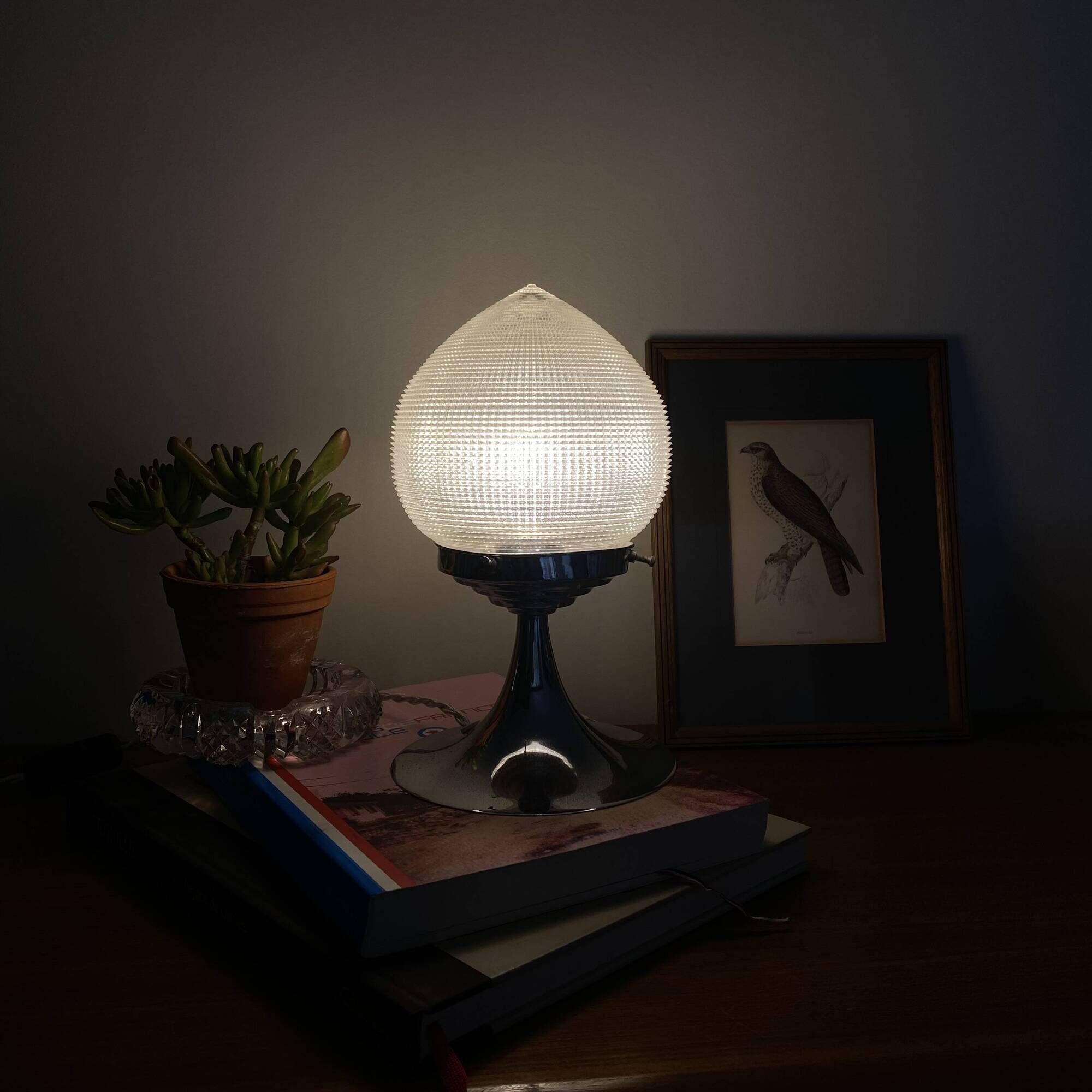 Antique lamp with a glass globe in Holophane style and chrome metal.