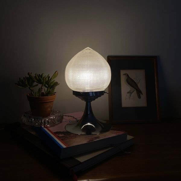 Lampe ancienne globe en verre type Holophane et métal chromé