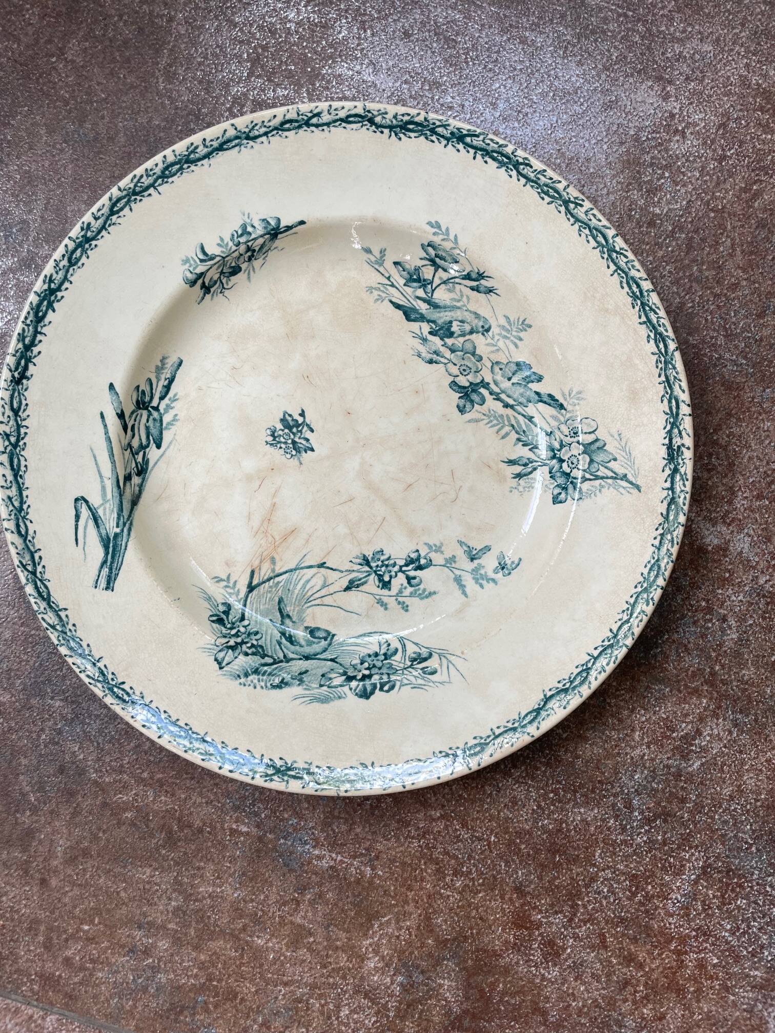 Large ironstone dish "with a basket of flowers" 132 bd magenta