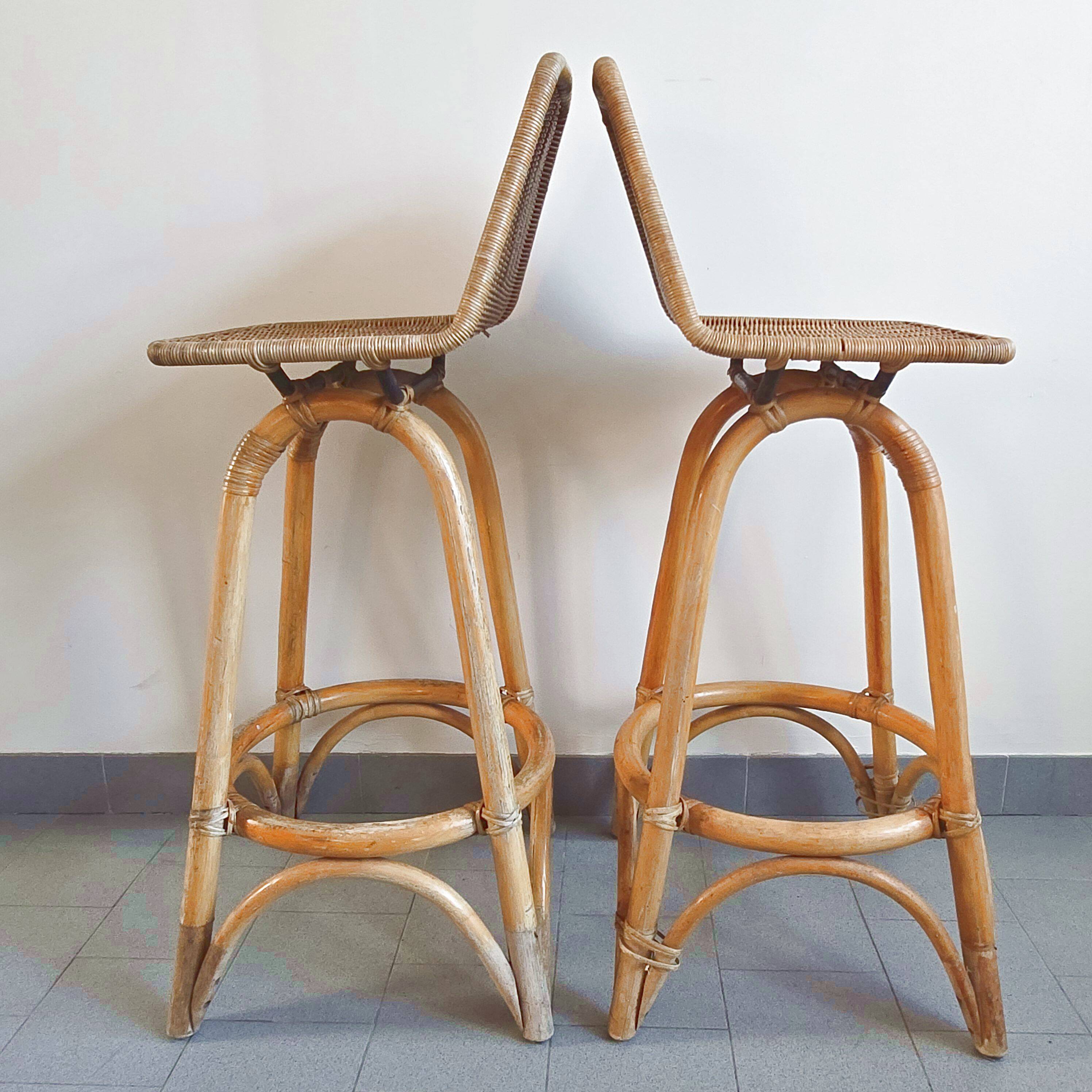 Pair of vintage rattan & bamboo stools 1950