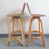 Pair of vintage rattan & bamboo stools 1950