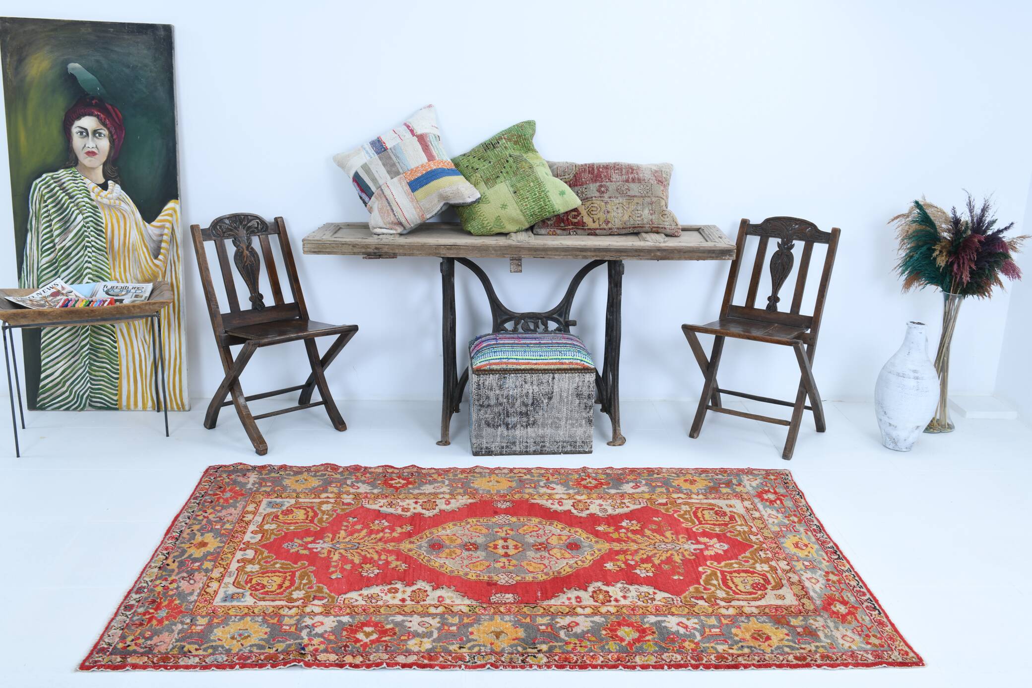 4x7 Rug For Bedroom Red Oriental Antique Vintage Rug, 122x214Cm