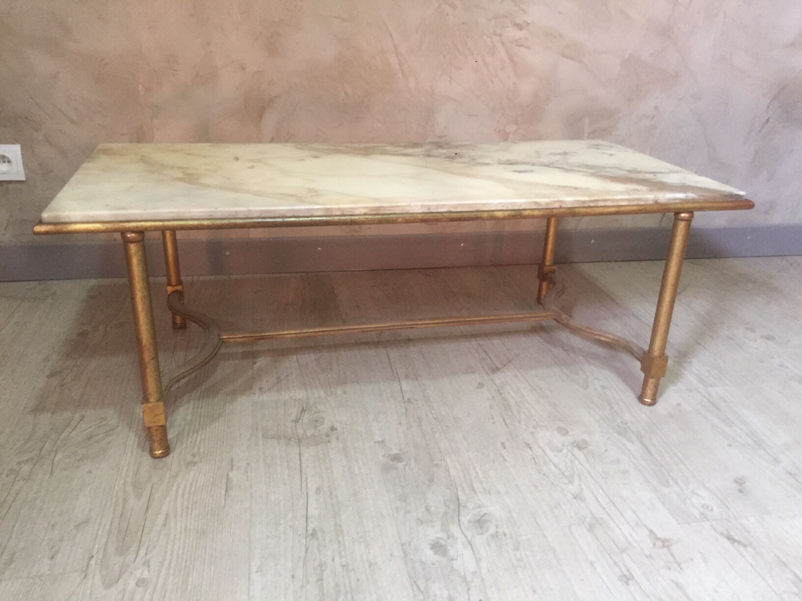 Marble and golden patina iron coffee table