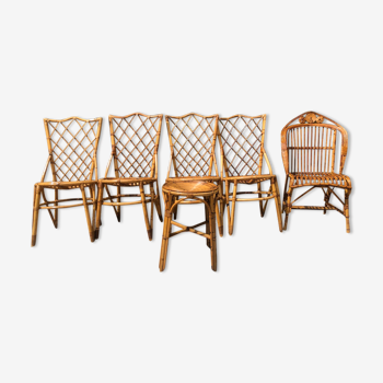 Ensemble de 6 chaises, tabouret et fauteuil en rotin Louis Sognot 1960