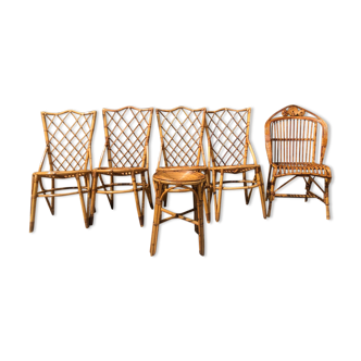 Set of 6 chairs in rattan Louis Sognot 1960