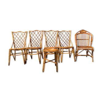 Ensemble de 6 chaises, tabouret et fauteuil en rotin Louis Sognot 1960