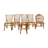 Ensemble de 6 chaises, tabouret et fauteuil en rotin Louis Sognot 1960