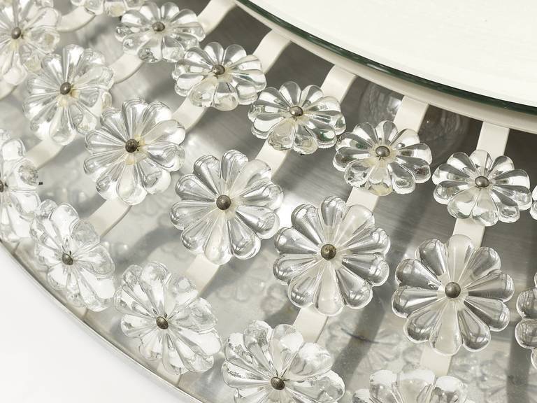 Large round wall mirror with glass flowers by Emil Stejnar, backlit by Nikoll, Austria.