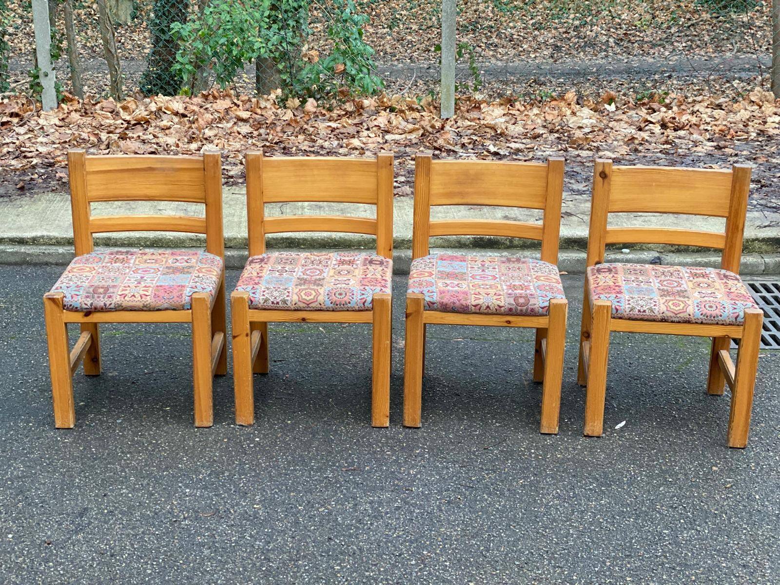 4 Scandinavian Brutalist chairs from Maison Regain, solid wood and floral fabric