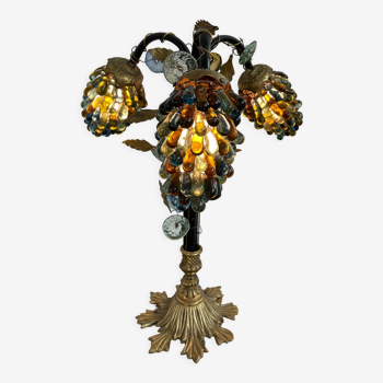 Lampe à poser, verre murano, bronze, grappes de raisin, style art nouveau, feuille laiton