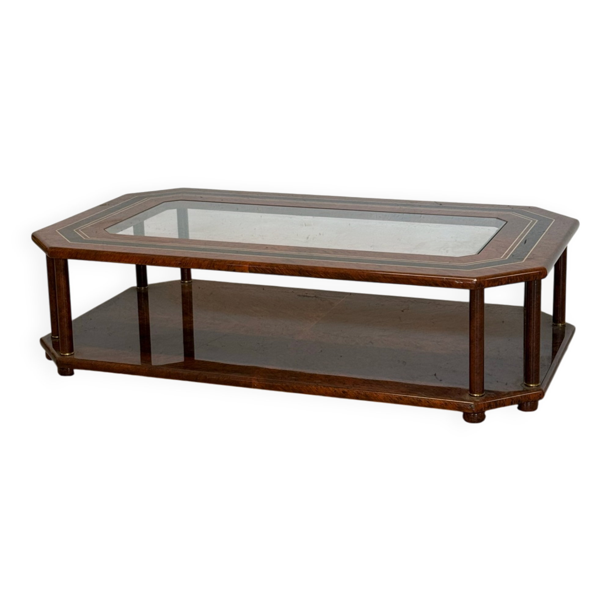 Vintage Octagonal Coffee Table — Glass Top, Brass Details & Two-Tier D