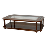 Table basse octogonale vintage — Plateau en verre, détails en laiton et deux niveaux