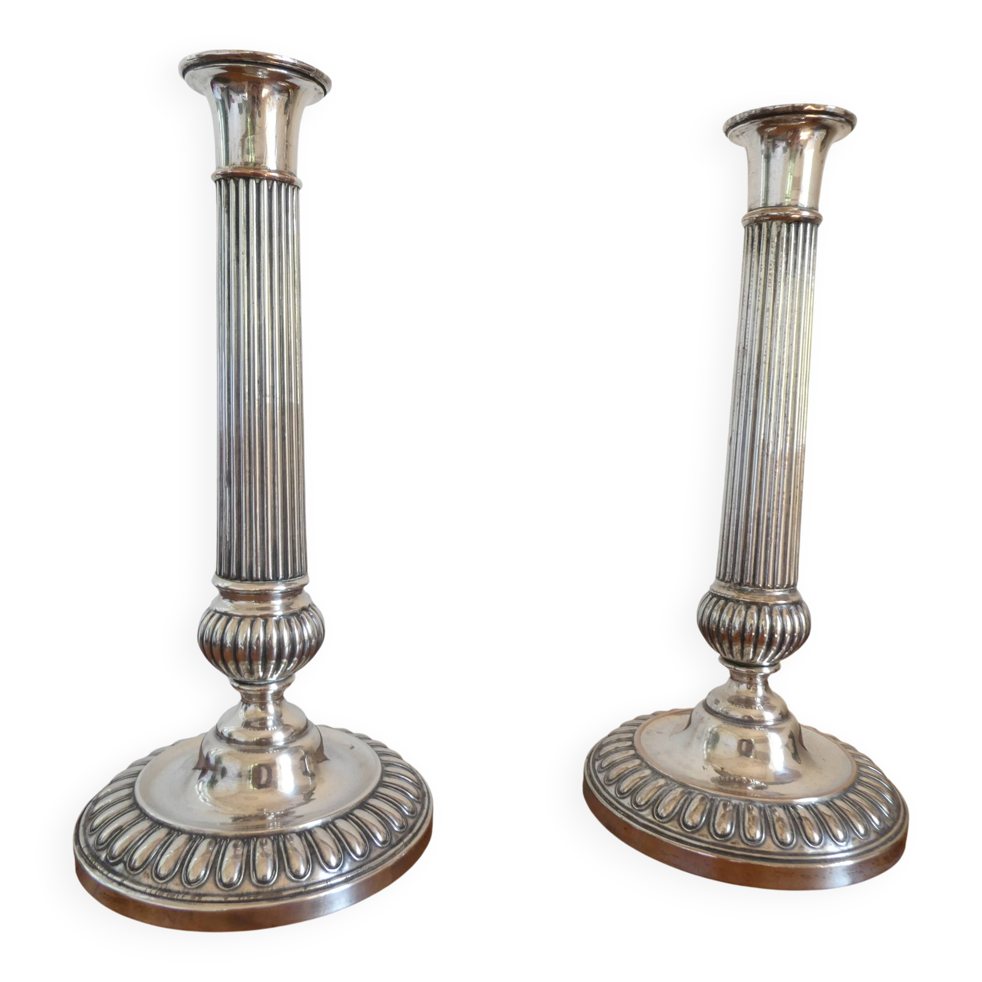 Antique pair of 19th century silver-plated metal candlesticks, 27 cm