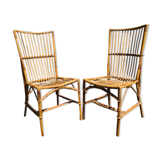 Pair rattan chairs bamboo cannage vintage 1970
