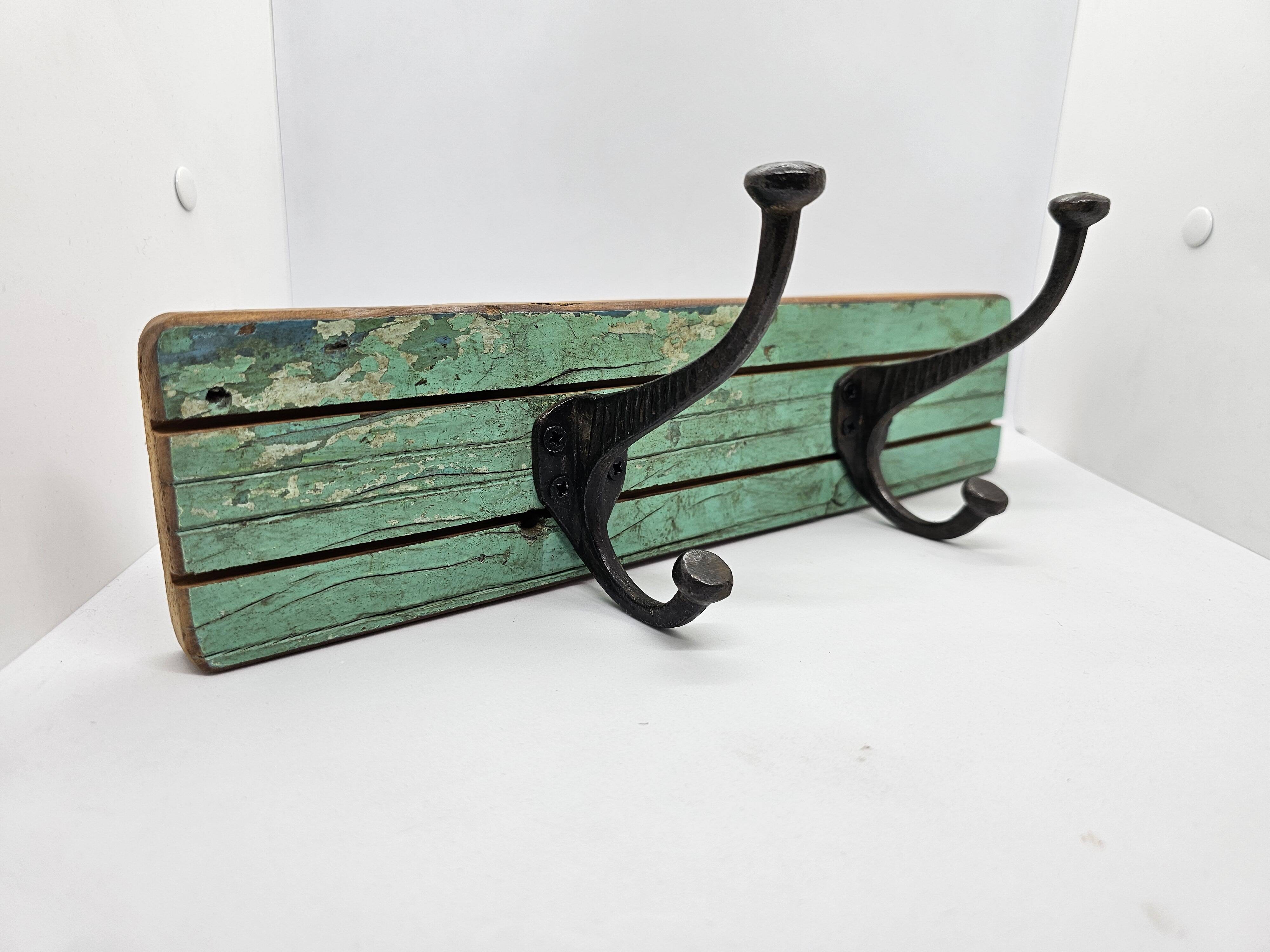 Solid teak coat hook with 2 double cast iron hooks