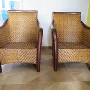 Set of 2 armchairs in woven rattan and exotic wood, 1980s