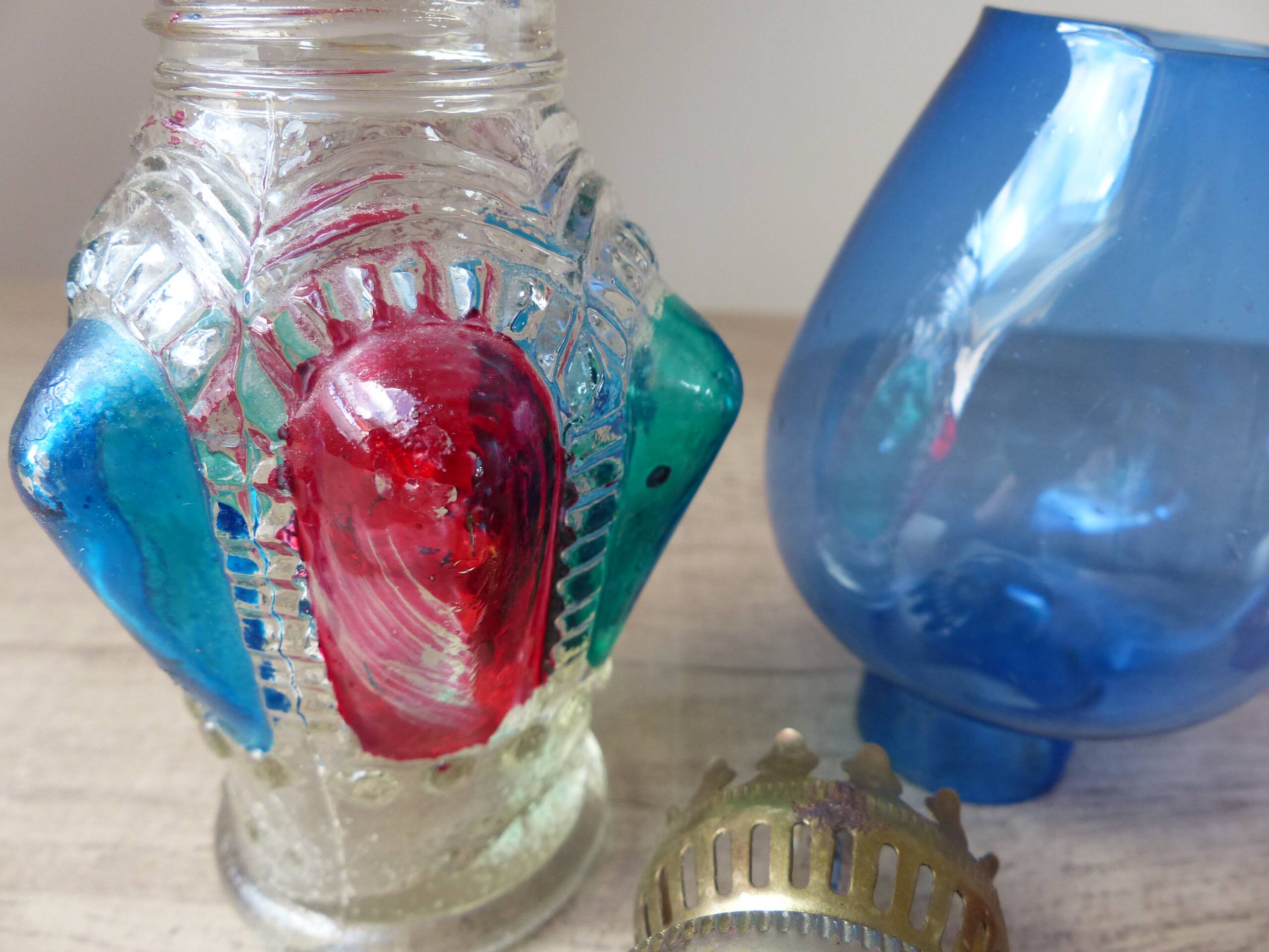 Set of two old hong kong colored glass oil lamps