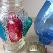 Set of two old coloured glass oil lamps Hong Kong.