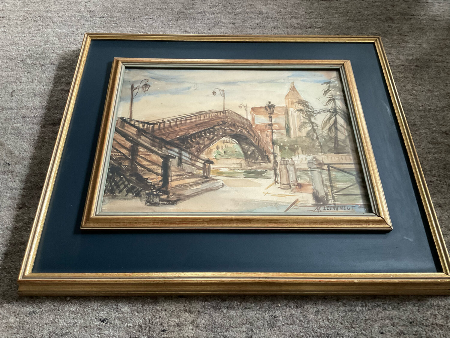 Tableau aquarelle signée avec cadre en bois doré