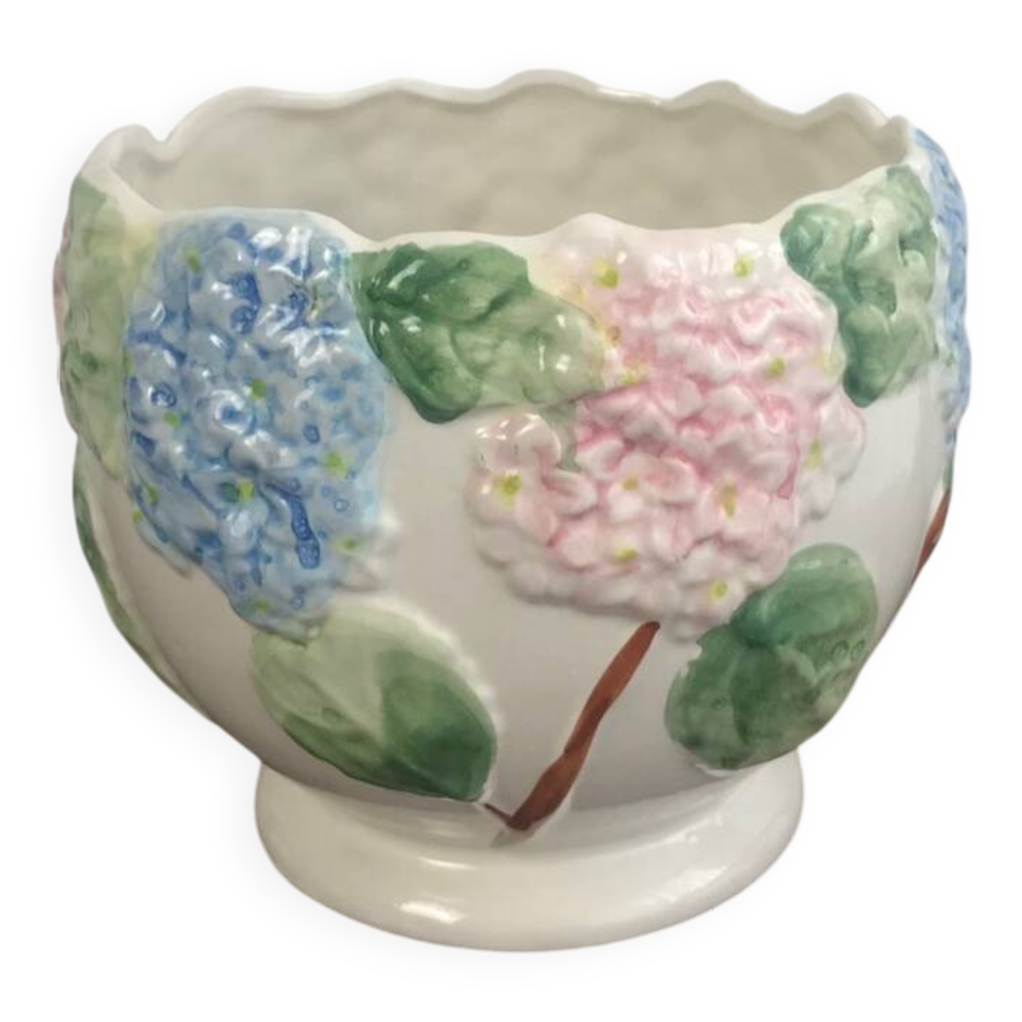 Vintage slip pot with hydrangea pattern