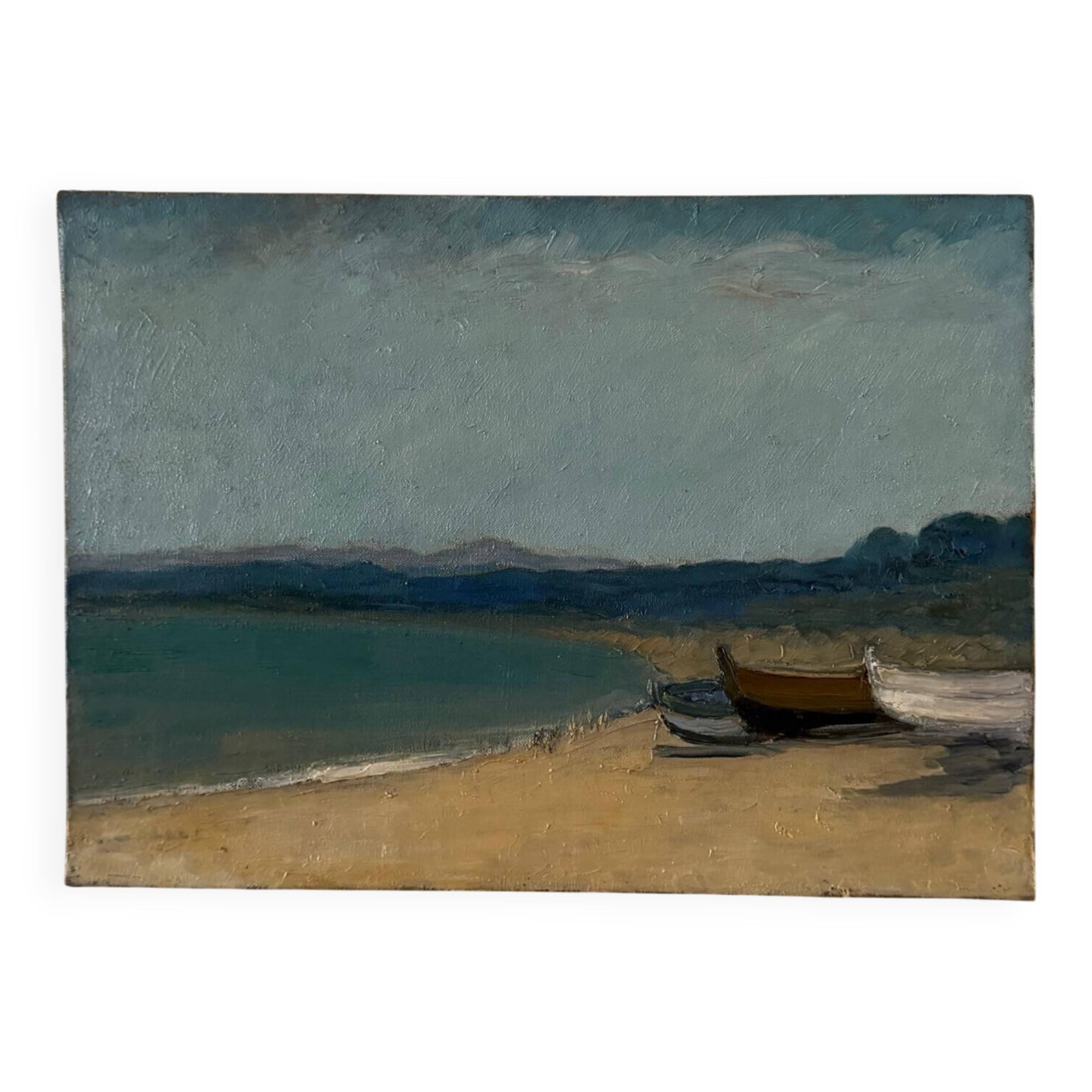 Oil on canvas 20th century beach and fishing boats by G. Carlos